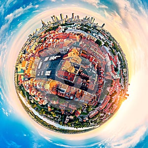 Beautiful panoramic aerial drone view 360 spherical panorama little planet on Warsaw Old town POL: Stare Miasto, Royal