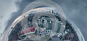 Beautiful panoramic aerial drone view on the Center of Contemporary Art in the Ujazdowski Castle against the Warsaw City