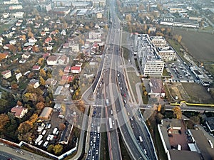 Beautiful panoramic aerial drone view to the Aleje Jerozolimskie street viaduct located in Warsaw, Poland