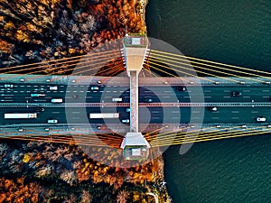 Beautiful panoramic aerial drone view to cable-stayed Siekierkowski Bridge over the Vistula river and Warsaw City skyscrapers,