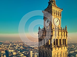 Beautiful panoramic aerial drone view to the center of Warsaw City and large clock of Palace of Culture and Science - a notable