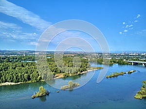 Beautiful panoramic aerial drone view to the confluence of the rivers Irtysh and Ulba in UST-KAMENOGORSK Oskemen, QAZAQSTAN