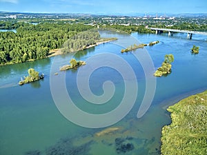 Beautiful panoramic aerial drone view to the confluence of the rivers Irtysh and Ulba in UST-KAMENOGORSK Oskemen, QAZAQSTAN