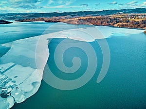 Beautiful panoramic aerial drone view to the Czorsztyn Lake with a reservoir and dam, Tatra Mountains Tatras, Tatra - mountain