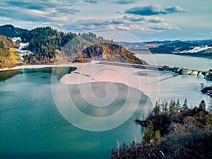 Beautiful panoramic aerial drone view to the Czorsztyn Lake with a reservoir and dam, Tatra Mountains Tatras, Tatra - mountain