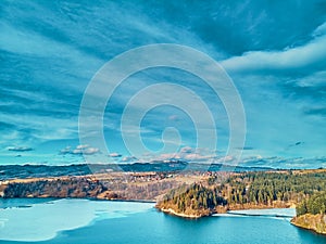 Beautiful panoramic aerial drone view to the Czorsztyn Lake with a reservoir and dam, Tatra Mountains Tatras, Tatra - mountain