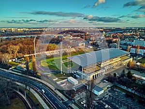 Beautiful panoramic aerial drone view to Konwiktorska Street Municipal Polonia Stadium Gen. Kazimierz Sosnkowski Polonia Warsaw photo