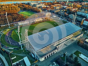 Beautiful panoramic aerial drone view to Konwiktorska Street Municipal Polonia Stadium Gen. Kazimierz Sosnkowski Polonia Warsaw photo