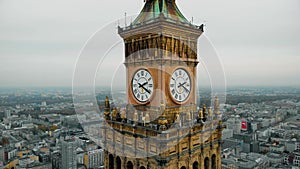 Beautiful panoramic aerial drone view on Warsaw City Skyscrapers, fly around point of interest the Palace of Culture and Science