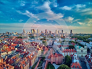 Beautiful panoramic aerial drone view on Warsaw Old town POL: Stare Miasto with modern skyscrapers on the horizon, Royal Castle