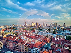 Beautiful panoramic aerial drone view on Warsaw Old town POL: Stare Miasto with modern skyscrapers on the horizon, Royal Castle