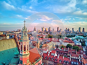 Beautiful panoramic aerial drone view on Warsaw Old town POL: Stare Miasto with modern skyscrapers on the horizon, Royal Castle