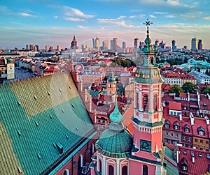 Beautiful panoramic aerial drone view on Warsaw Old town POL: Stare Miasto with modern skyscrapers on the horizon, Royal Castle