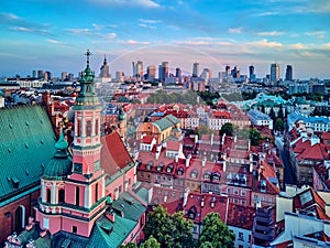 Beautiful panoramic aerial drone view on Warsaw Old town POL: Stare Miasto with modern skyscrapers on the horizon, Royal Castle