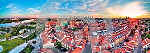 Beautiful panoramic aerial drone view on Warsaw Old town POL: Stare Miasto with modern skyscrapers on the horizon, Royal Castle