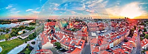 Beautiful panoramic aerial drone view on Warsaw Old town POL: Stare Miasto with modern skyscrapers on the horizon, Royal Castle