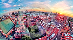 Beautiful panoramic aerial drone view on Warsaw Old town POL: Stare Miasto with modern skyscrapers on the horizon, Royal Castle