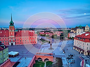 Beautiful panoramic aerial drone view on Warsaw Old town POL: Stare Miasto - the oldest district of Warsaw 13th century, Royal