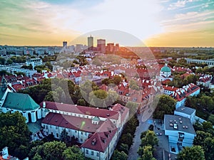 Beautiful panoramic aerial drone view on Warsaw Old town POL: Stare Miasto - the oldest district of Warsaw 13th century, Royal