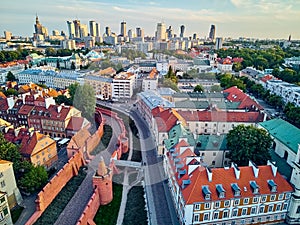 Beautiful panoramic aerial drone view on Warsaw Old town POL: Stare Miasto - the oldest district of Warsaw 13th century, Royal