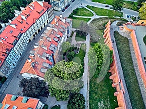 Beautiful panoramic aerial drone view on Warsaw Old town POL: Stare Miasto - the oldest district of Warsaw 13th century, Royal