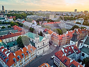 Beautiful panoramic aerial drone view on Warsaw Old town POL: Stare Miasto - the oldest district of Warsaw 13th century, Royal