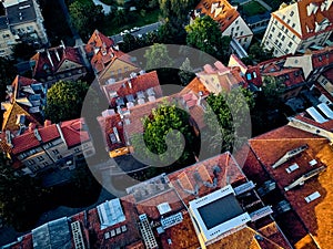 Beautiful panoramic aerial drone view on Warsaw Old town POL: Stare Miasto - the oldest district of Warsaw 13th century, Royal