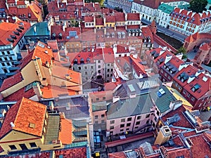 Beautiful panoramic aerial drone view on Warsaw Old town POL: Stare Miasto - the oldest district of Warsaw 13th century, Royal