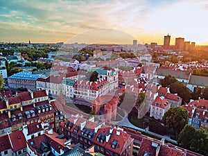 Beautiful panoramic aerial drone view on Warsaw Old town POL: Stare Miasto - the oldest district of Warsaw 13th century, Royal