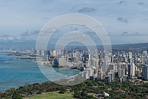 Beautiful panoramic aerial Honolulu and Waikiki beach vista, Oahu