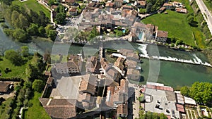 Beautiful panoramic aerial top view of the mill village of Borghetto sul Mincioin Veneto, Italy. Drone footage of the photo