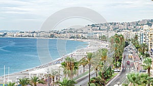 Beautiful panoramic aerial view city of Nice timelapse, France. Mediterranean sea, bay of Angels