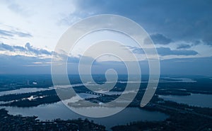 Beautiful panoramic aerial view of the Dnieper River and the North Bridge or Moscow Bridge from the left bank.