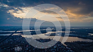 Beautiful panoramic aerial view of the Dnieper River and the North Bridge or Moscow Bridge from the left bank.