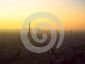 Beautiful panoramic aerial view of Paris and Eiffel tower at sunset. Montparnasse Tower, Paris, France