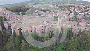 Beautiful panoramic aerial view of Pienza.Scenery of a beautiful medieval town in Tuscany, with view Cathedral, houses, olive.