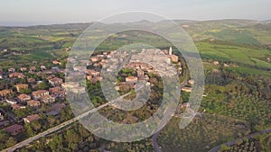 Beautiful panoramic aerial view of Pienza.Scenery of a beautiful medieval town in Tuscany, with view Cathedral, houses, olive.