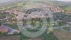 Beautiful panoramic aerial view of Pienza.Scenery of a beautiful medieval town in Tuscany, with view Cathedral, houses, olive.