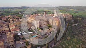 Beautiful panoramic aerial view of Pienza.Scenery of a beautiful medieval town in Tuscany, with view Cathedral, houses, olive.