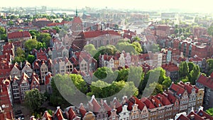 Beautiful panoramic architecture of old town in Gdansk, Poland at sunrise. Aerial view drone pov. Landscape cityscape