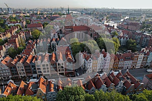 Beautiful panoramic architecture of old town in Gdansk, Poland at sunrise. Aerial view drone pov. Landscape cityscape