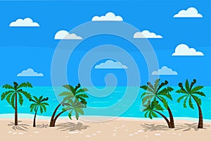 Beautiful panoramic blue sea landscape: calm ocean, palm trees, clouds, sand coastline, Vector illustration of exotic tropical