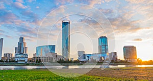 Beautiful panoramic colorful cityscape of Yekaterinburg city center at sunset