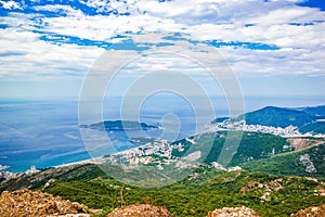 Beautiful panoramic landscape of Adriatic sea, island of Saint Nicholas, mountains on Coast Budva Riviera, Montenegro