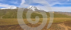 Beautiful panoramic landscape with Kang Yatze mountain and a donkey caravan from under Gongmaru La pass, Himalayas, Ladakh, India