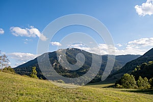 Beautiful panoramic landscape of the Pyrenees mountain valley from the ruins of cathar fortress Montsegur in France