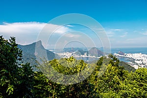 Beautiful PANORAMIC landscape with rainforest, city district Leblon, Ipanema, Botafogo, Lagoon Rodrigo de Freitas and mountains