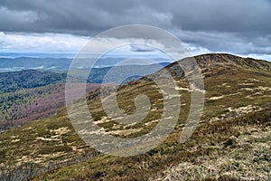 A beautiful panoramic mysterious view of the forest in the Bieszczady mountains Poland on a misty rainy spring May day, nature