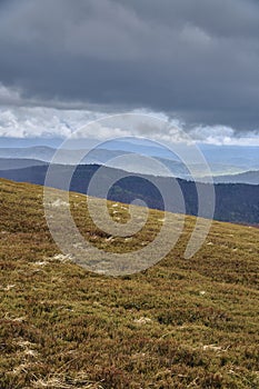 A beautiful panoramic mysterious view of the forest in the Bieszczady mountains Poland on a misty rainy spring May day, nature