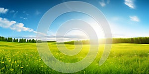 Beautiful panoramic natural landscape of a green field with grass against a blue sky with sun